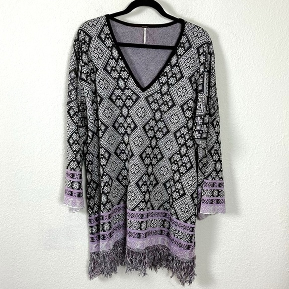 Free People Retro 70s Bohemian Poncho Sweater Tunic Top Fringe Small Oversized - Picture 3 of 16